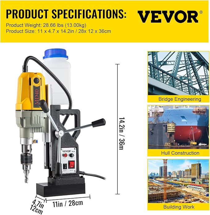 VEVOR Magnetic Drill, 1100W 1.57" Boring Diameter, 2697lbf/12000N Portable Electric Mag Drill Press with 7 Bits, 580 RPM Max Speed Drilling Machine for any Surface and Home Improvement