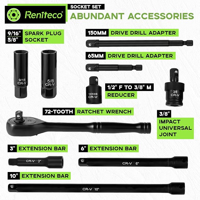Reniteco 56-Piece 3/8" Drive Socket Set, SAE 5/16"-3/4", Metric 8-22mm, Cr-V
