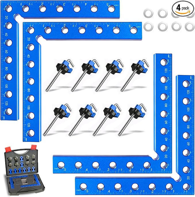 Corner Clamps for Woodworking, 5.5” 4 Pcs 90 Degree Aluminum Corner Clamp With Storage Box, Precision Dual Scale Right Angle Positioning Squares for Wood Frame, Jigs, Drawers, Cabinets.(Blue).