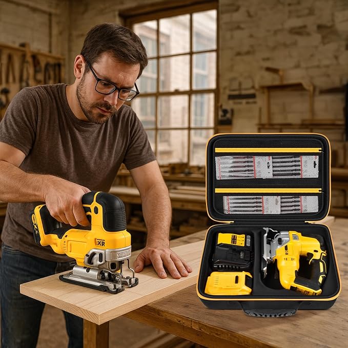 ANKHOH EVA Hard Case for DEWALT DCS334B/DCS335B Jig Saw, Black | Custom-fit EVA jigsaw Case with Blade, Battery and Charger Storage, Handle and Shoulder Strap, Box Only