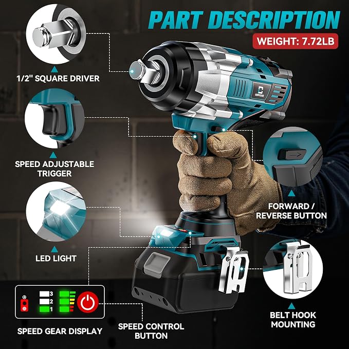 Cordless Impact Wrench 1/2 inch Compatible with Makita Battery: 1700FT-LBS High Torque Impact Wrench Heavy Duty Tool - Brushless Electric Impact Gun Includes LED Work Light - Bare Tool Only