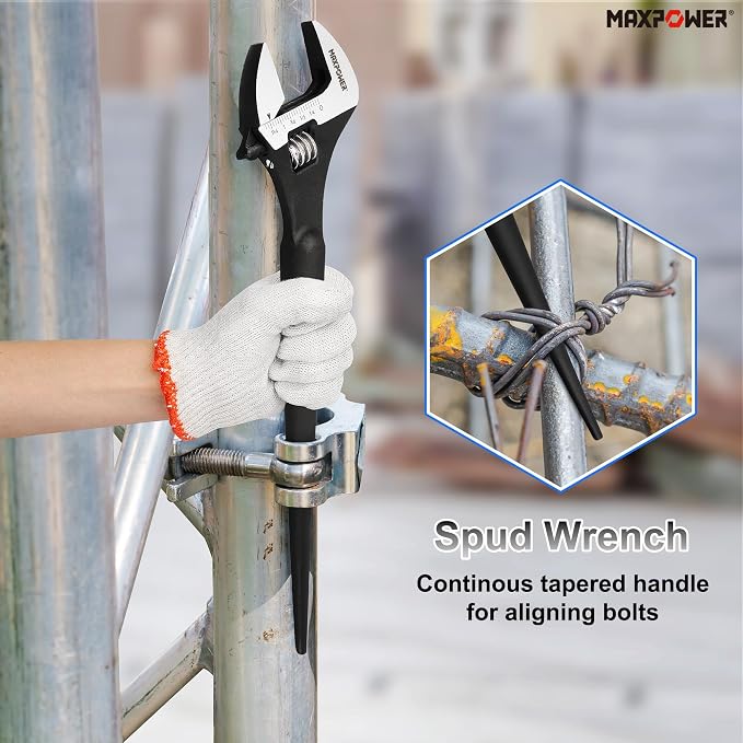 MAXPOWER 12 inch Spud Wrench, Max Jaw Opening 1-3/8 inch | Smooth Jaw, Continuous-tapered Handle for Alignment