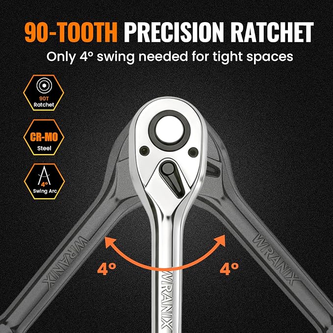 1/2“ Drive 90-Tooth Ratchet Wrench with Extension Bar | Socket Wrench, Reversible Design, Quick-Release, Cr-Mo Head, Cr-V Made, 4° Swing Arc, Full Polished