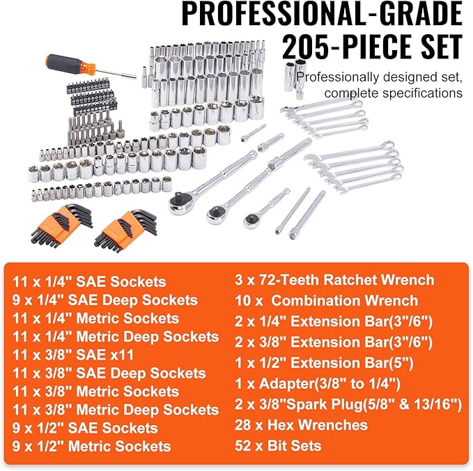 VEVOR Mechanics Tool Set, 205 Pcs SAE and Metric Sockets, 1/4" 3/8" 1/2" Drive Deep and Standard Sockets, Chrome Vanadium Steel, Polyethylene