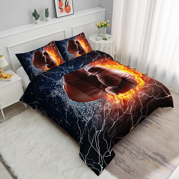 Axolotl Boxing Bedding Set King,Sports Theme Comforter Set,3Pcs Boxing Gloves Bedding,Red Blue Cool Lightning Comforter,Pugilism Games Bed for Kids Boys Teens Men,1 Quilt 2 Pillowcases