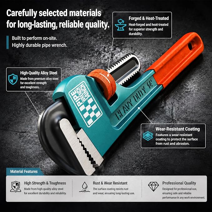Heavy Duty Pipe Wrench, 14" Adjustable Straight Plumbing Wrench, High Drop-Forged jaws, Professional Pipeline Tool for Water Pipe Fittings, Mechanical assembly, Workshop Operations