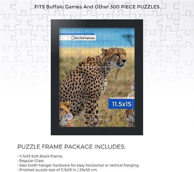 ArtToFrames Puzzle Frame for Buffalo Games 300 Piece Jigsaw Puzzles, 11.5x15 Inch (29x38 cm), Soft Black Engineered Wood with Regular Glass, Ready to Hang Puzzle Display