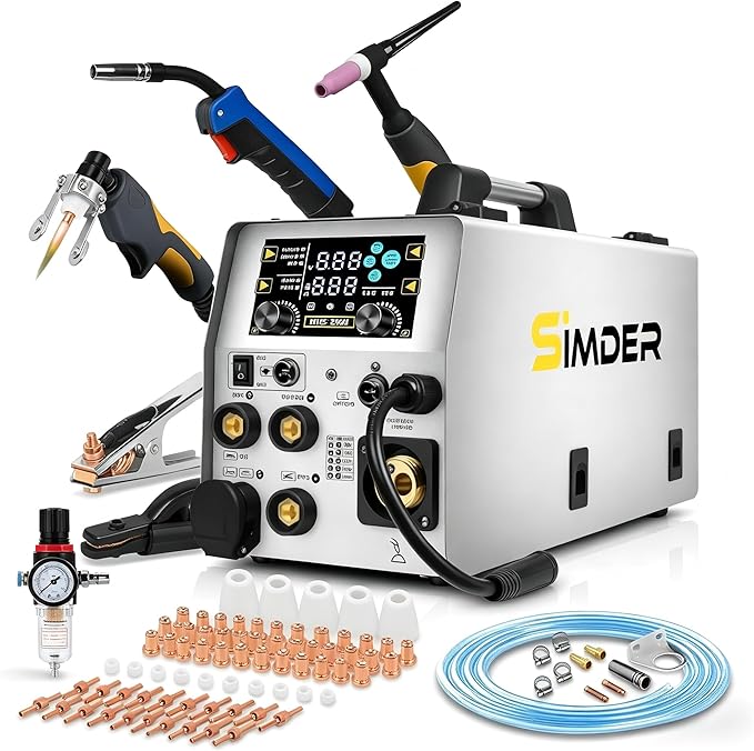 SSIMDER 6 In1 MIG Welder Plasma Cutter Welder Combo, With 71Pcs PT31 LG40 Consumables, 160A 110v/220v Gas MIG/Flux Core MIG/Spool Gun/Lift TIG/Stick/Plasma Cutting Multi-Process MIG Welder Machine