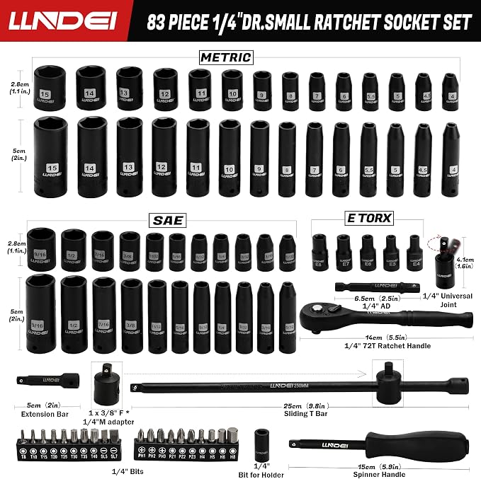 1/4" Impact Socket Set, 83 Pcs Wrench Set SAE(5/32-9/16 in) Metric (4-15mm) | 72T Ratchet Wrench Handle,CR-V Mechanics Tool Set with Adapter, Screwdriver Bits for Automotive Repair