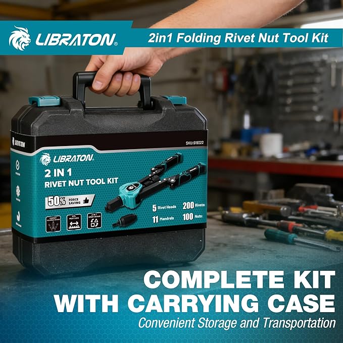 LIBRATON 2in1 Rivet Nut Tool and Rivet Gun Kit Folding, with 11 Mandrels (Metric & SAE) & 5 Nose Pieces (2.4-6.4mm), Includes 100 Nuts & 200 Pop Rivets, Folding Heavy Duty Hand Tool for DIY & Repair