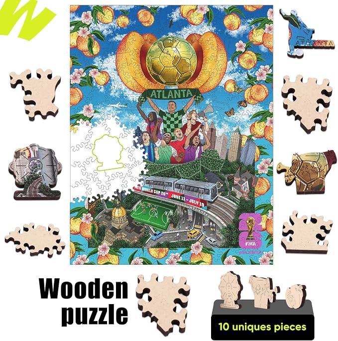 FIFA World Cup 2026 City Puzzle Atlanta Poster - Wooden Puzzle for Adult, 200 Pieces Irregular Shape Puzzle, 5MM Thick, Creative Collectible Gift for Fans, Officially Licensed Product, 9.3x11.8''