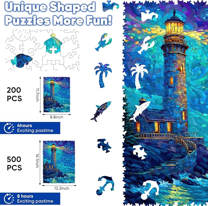 Leodozzio Lighthouse Wooden Jigsaw Puzzles 500 Pieces, Stained Glass Puzzle, 5MM Thick Unique Shaped Ocean Wooden Puzzle for Adults, Nautical Art Gift, Family Game, 12.2x16.1 Inch