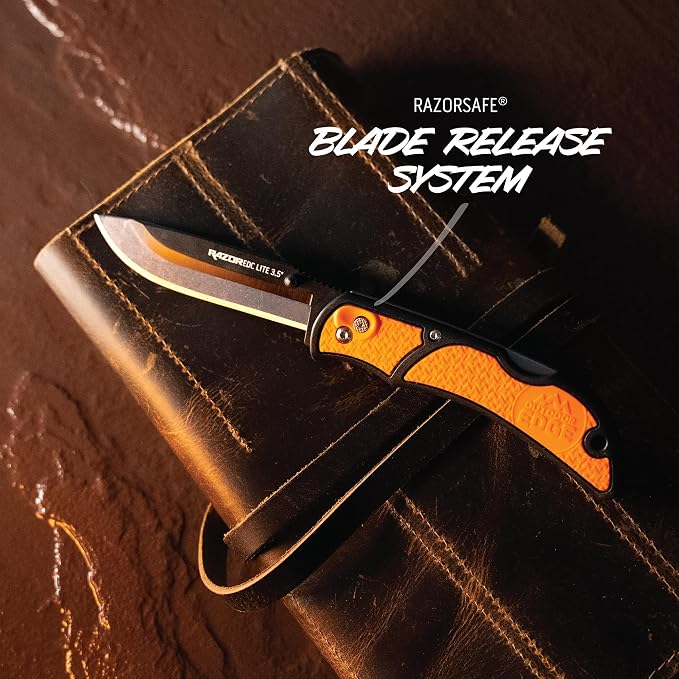 OUTDOOR EDGE 3.5" RazorLite EDC Knife. Pocket Knife with Replaceable Blades and Clip. Perfect For Hunting & Skinning Deer. Blaze Orange with 30 Blades.