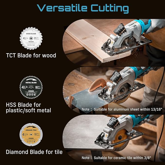 Seesii Mini Circular Saw with Laser Guide,4.8A 4000 RPM Compact Corded Circular Saw with Rip Guide,3 Blades (4-1/2") for Wood,Soft Metal,Tile,Plastic Cutting,Max Cut Depth 1-11/16"(90°),1-1/8" (45°)