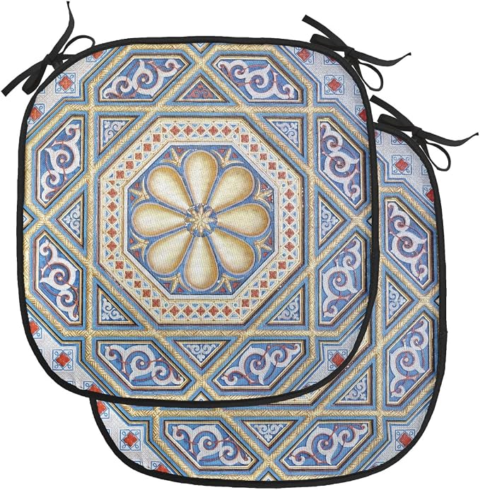 Lunarable Moroccan Chair Cushion Pads Set of 2, Image of a Carving Art Flower Doorway Entrance Geometric, Anti-Slip Seat Padding for Kitchen & Patio, 16"x16", Blue Pale Yellow Redwood