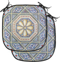 Lunarable Moroccan Chair Cushion Pads Set of 2, Image of a Carving Art Flower Doorway Entrance Geometric, Anti-Slip Seat Padding for Kitchen & Patio, 16"x16", Blue Pale Yellow Redwood