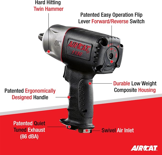 AIRCAT 1150 1/2" Composite Impact Wrench, 900 ft-lb Max Torque | Powerful Automotive Impact Wrench, Twin Hammer Mechanism, Quiet Operation, 295 ft-lb Loosening Torque, 89 dBA, Ergonomic Grip