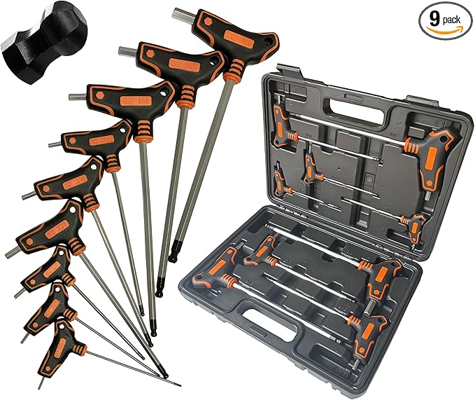 NordWolf 9-Piece T-Handle SAE Allen Wrench Set, S2 Steel Long Arm Ball End Hex Keys, Sizes 5/64" to 3/8" in Storage Box