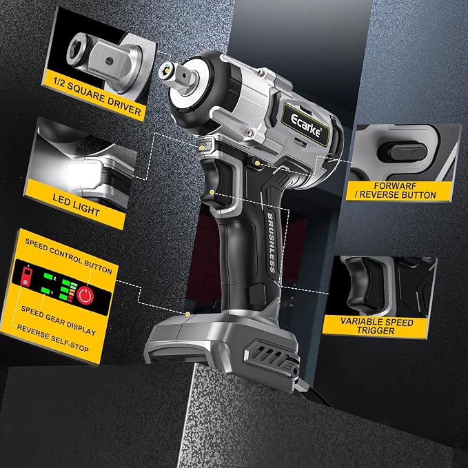Ecarke Cordless Impact Wrench 1/2 inch Compatible with Dewalt 20v Battery, 300 FT-LBS (400N.m) Brushless Electric Impact Gun with LED Work Light, High Torque Impact Driver, Bare Tool Only