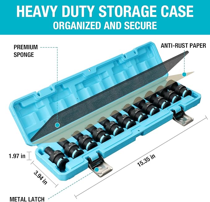 DURATECH 3/8" Drive Impact Swivel Socket Set, 11 Pcs Shallow Wobble Sockets | 8-19mm, Metric, Universal Joint Socket Set, Cr-Mo Steel, 6 Points, Organized in Sturdy Storage Case