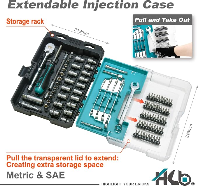 HB 99-Piece Socket Set AKM037-U, 90-Tooth Ratchet 3/8" Drive, Metric SAE 1/4" Sockets, Phillips Pozi Slotted Hex Star Square Tri-Wing Torq Bits, Extendable Compact Case, Made in Taiwan