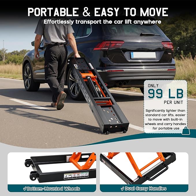 Albott 5000 LBS Portable Car Lift, Q355B Steel Quick Jack for Home Garage, 20.1" Max Height with Height Extension Blocks, Foldable Design & Wheels, Black & Orange