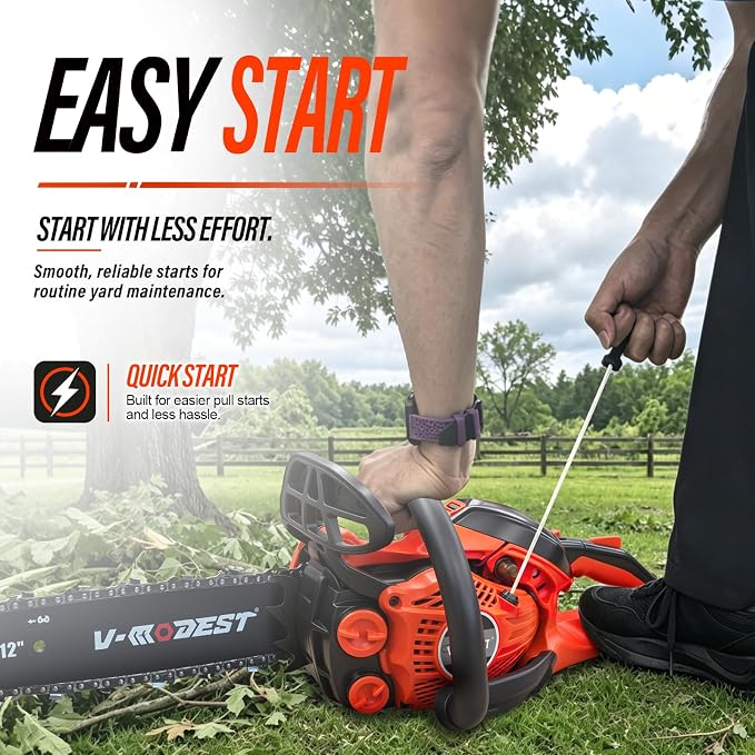 12 inch Gas Chainsaw, 25cc Lightweight Rear Handle Chainsaw | 2-stroke small gas chainsaw with auto oiler and side-access tensioner for tree pruning, branch trimming and yard cleanup