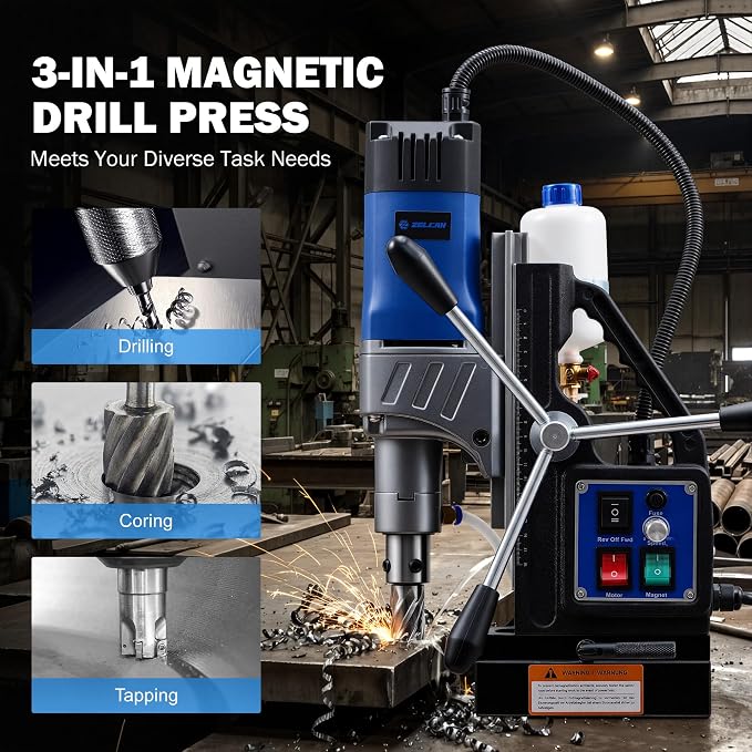ZELCAN Mag Drill Press with 11 Core Drill Bits, 1550W Magnetic Drill with 2" Boring Dia Reverse Drilling, 2922lbf Portable Electric Magnet Drill with Stepless Speed for Metal Surface Industrial Home