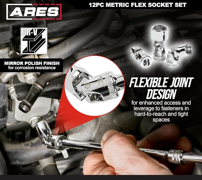 ARES 39009-CA 12-Pc 1/4in Swivel Socket Set, 6-Point, Metric | Chrome Vanadium Steel Sockets, Storage Rail