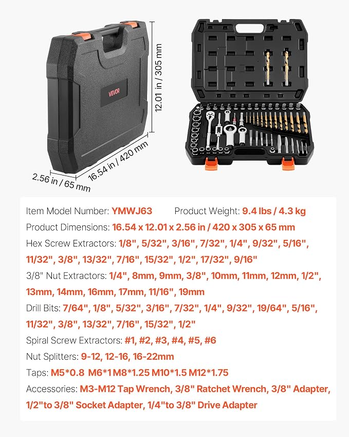 VEVOR 63-Piece Bolt Extractor Kit & Screw Extractor Set, Lug Nut Removal Tool with Left Hand Drill Bit Set, Nut Splitters, Taps & Tap Wrench, Ratchet, Adapters for Removing Rounded, Broken, Stripped