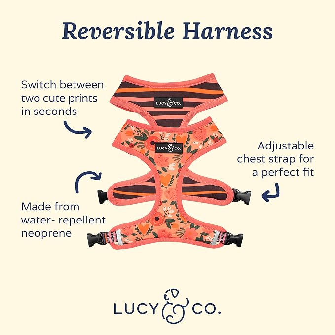 Lucy & Co. Reversible Dog Harness - Water-Repellent Neoprene, Dual-Print Design, Easy Swap Style, Adjustable Comfort Fit - Posy Pink Reversible Harness - X-Large