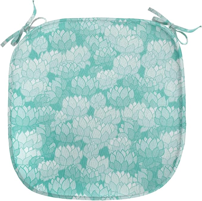 Lunarable Aquamarine Chair Seating Cushion, Retro Design Continuous Pattern of Abstract Flowers, Anti-Slip Seat Padding for Kitchen & Patio, 16"x16", Turquoise Pale Seafoam