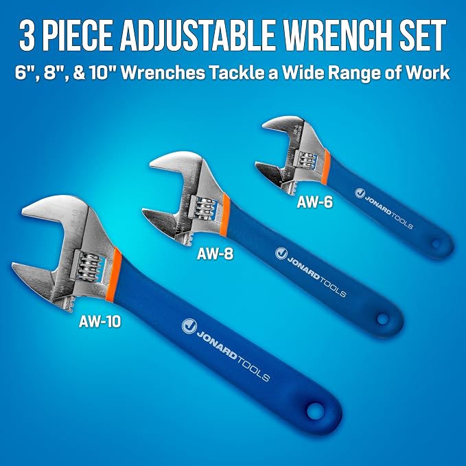 Jonard Tools AW-6810 Adjustable Wrench Extra Wide Jaw Kit With 6", 8", & 10" Wrenches