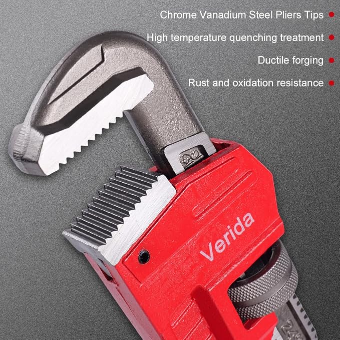 Verida Pipe Wrench 14 Inch, Plumbers Wrench, Chrome Vanadium Steel, Hardness 62HRC, for Water Pipes, Plumbing, Fire Protection Pipe Tools
