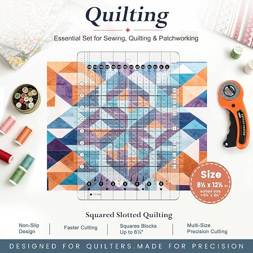 5-in-1 Quilting Ruler- 8.5" x 12.5" Slotted Quilting Ruler, 4mm Acrylic Non-Slip Strip Ruler, 1½" ¼" ⅛" Cuts for Fabric Precise Cutting, Sewing Quilt Strip Rulers Ideal for Beginners & Quilters