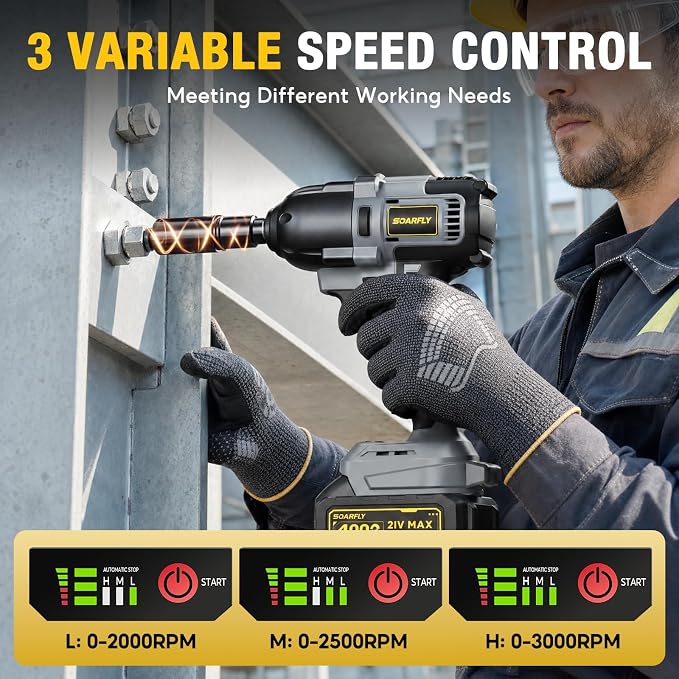 SOARFLY 1/2" Cordless Impact Wrench, 738 Ft-lbs (1000 N.m) High Torque 21V Brushless Electric Impact Gun with 2x 4.0Ah Batteries, Impact Driver with LED Light, 6 Sockets for Home Car/Mower/Truck RV