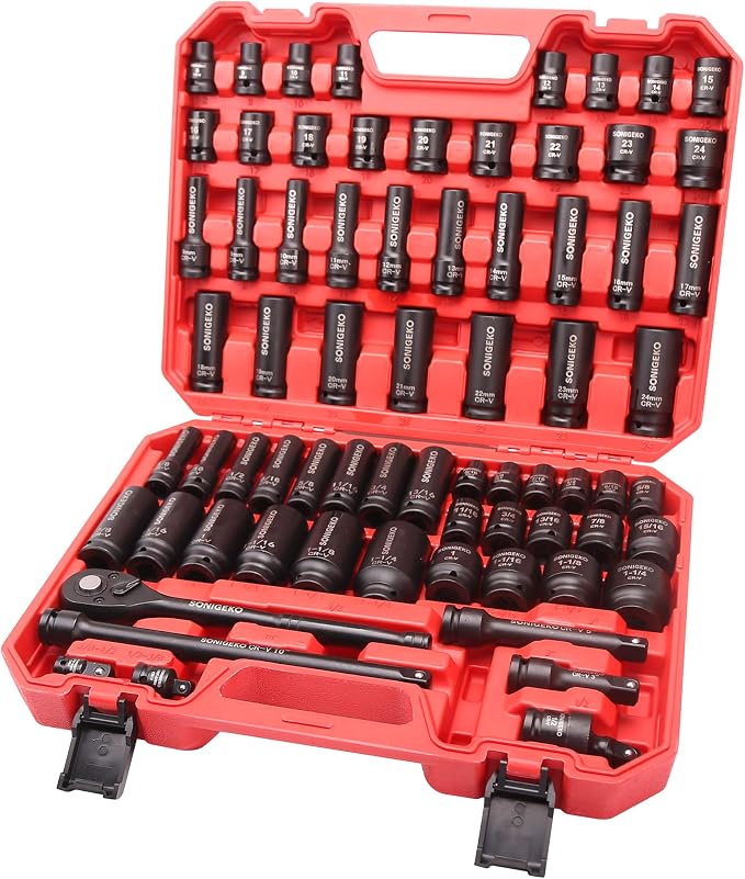 70-Piece 1/2" Drive Impact Socket Set, SAE 5/16"-1-1/4" & Metric 8-24mm | Cr-V Swivel Sockets, 6 Point Shallow & Deep with Ratchet Handle,Extension Bar(3"5"10"), Adapters, and Storage Case