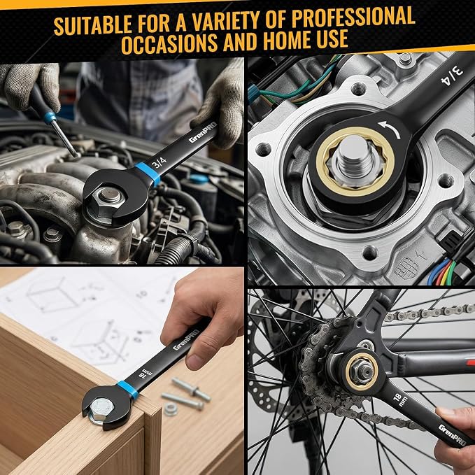 GRENPRO 23PCS Ratcheting Combination Wrench Set SAE & Metric Open End Tools | 1/4"-3/4"&6-18MM Bolt Gauge, Electro-Coated CR-V 72-Tooth 5Deg Swing 12Pt Color Rings, Roll Pouch for Auto&Home Repair