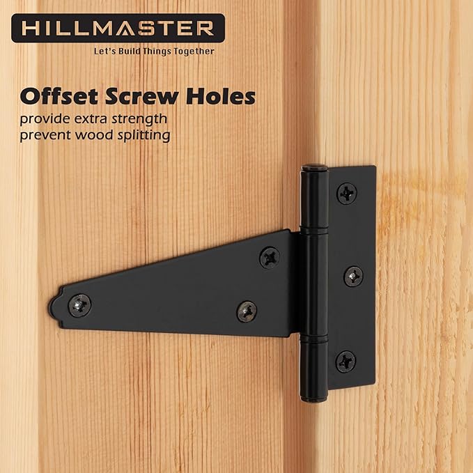 HILLMASTER 4 Inch T-Strap Hinges Heavy Duty Shed Door Hinges Gate Strap Hinges Black Tee Hinge Wrought Gate Hardware Small T Hinges for Wooden Fences,Shutter,Window,Barn,Outdoor Rustproof(6 Pack)