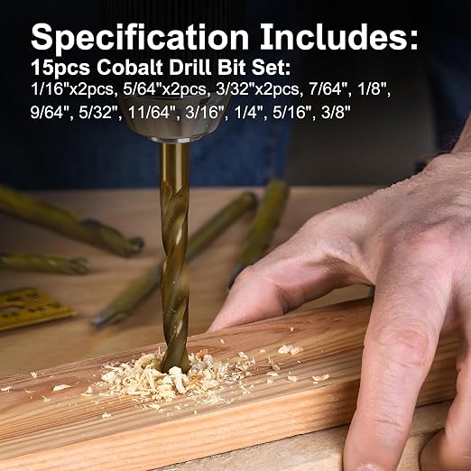 Cobalt Drill Bits, M35 HSS Drill Bit Set 15 Pcs, 135° Tip Twist Jobber Length Kit for Metal,Cast Iron,Stainless Steel,Plastic and Wood with Indexed Storage Case (1/16"-3/8")