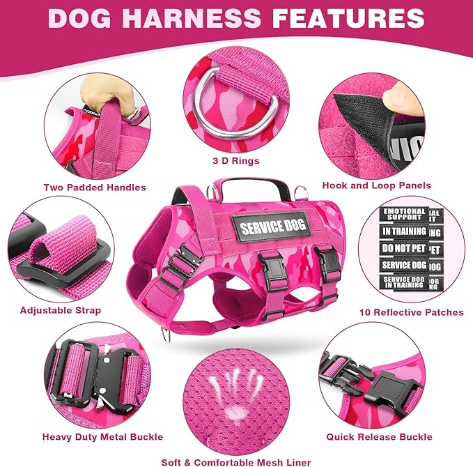 Service Dog Vest Harness for Medium Dog, Tactical Working MOLLE Vest with 10 Pet Patches, No Pull Heavy Duty Harness for Training Walking