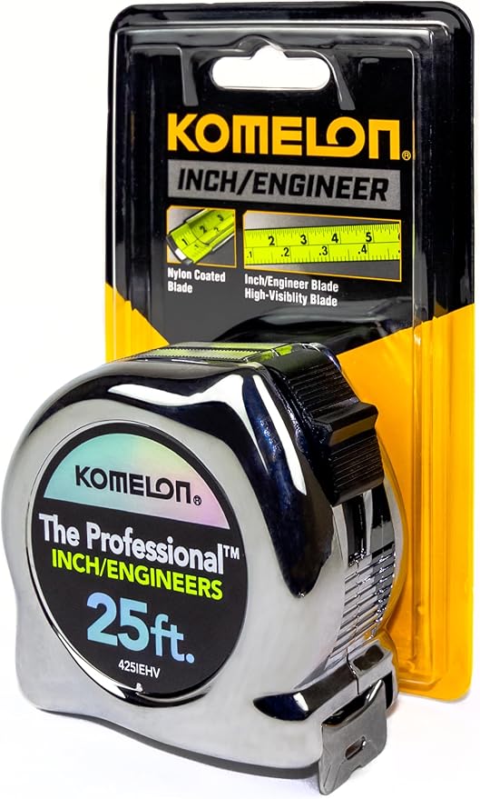 Komelon 425IEHV High-Visibility Professional Tape Measure Bother Inch and Engineer Scale Printed 25-Feet by 1-Inch, Chrome