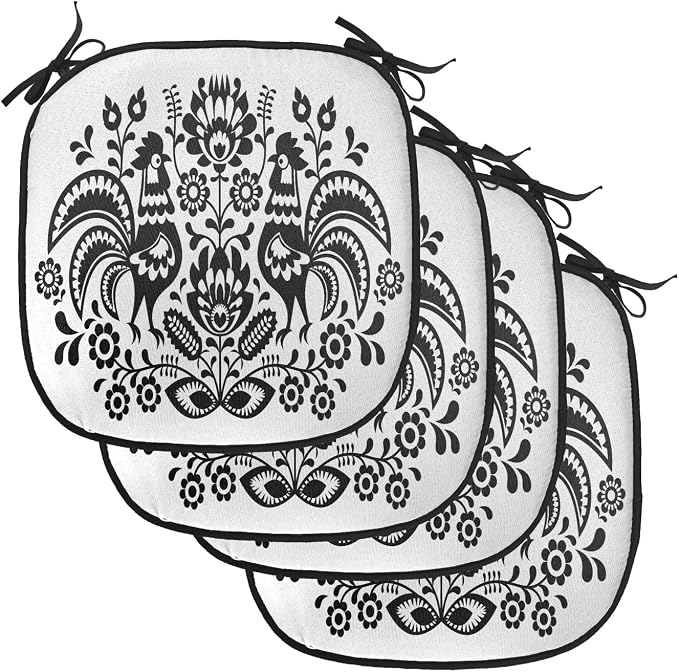 Lunarable Gallus Chair Cushion Pads Set of 4, Polish Floral Design with Roosters Traditional Folk Pattern Easter Celebration, Anti-Slip Seat Padding for Kitchen & Patio, 16"x16", White and Black