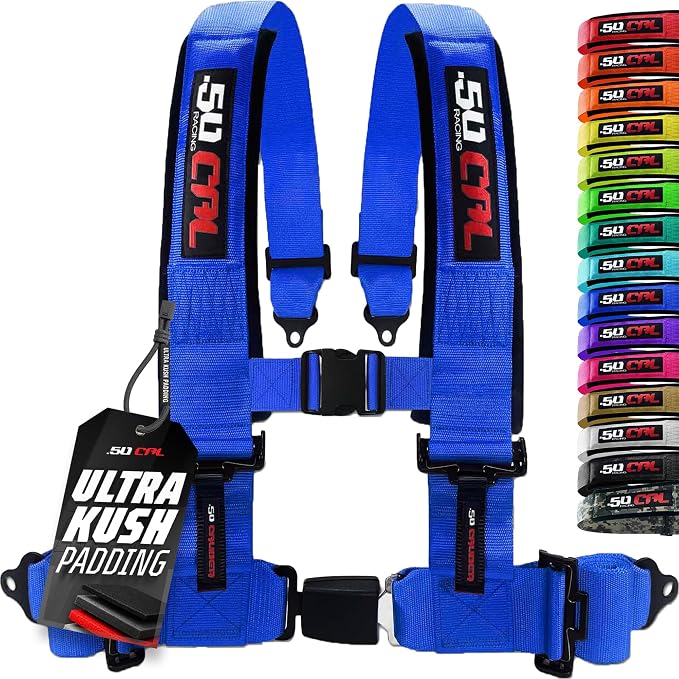 1pc 50 Cal Blue 4 Point Harness 2in Straps, Racing Harness Seat Belt | Ultra Kush padding, Push Button quick release hardware. Universal Fit for UTV, RZR, race car.