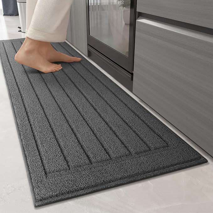 Color&Geometry Striped Designed Absorbent Washable Polypropylene Kitchen Floor Mat, Grey 17"x79", Non Slip TPE Backed, Low-Profile Sink Runner Rugs, Easy Clean Long Kitchen Carpet (Roll Packed)