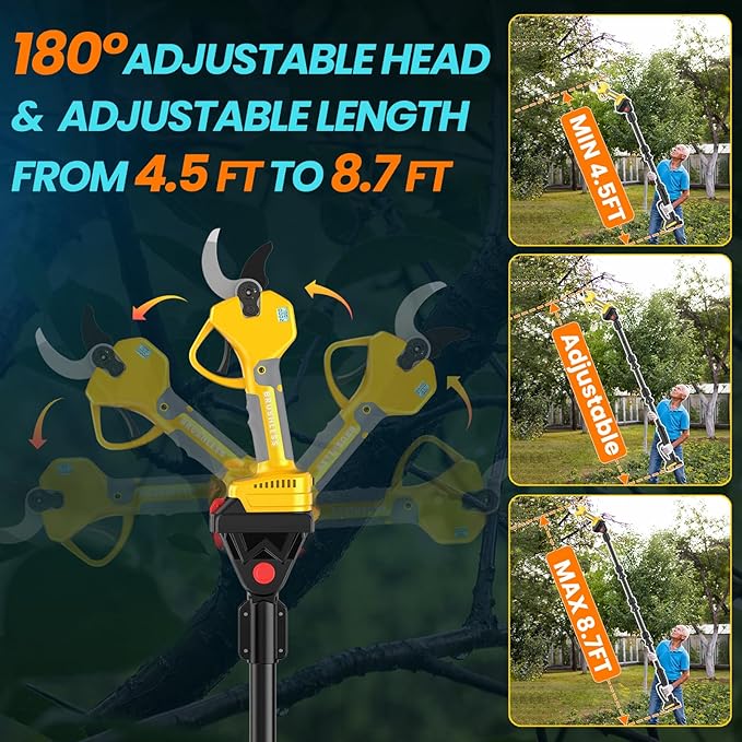 2-in-1 Pole Pruning Shears, 2.6 Inches Opening size Cordless Electric Pole Pruners - Brushless Motor, 2.0Ah*2 Batteries, SK7 Blade, 8.7FT Adjustable Branches Cutter for Tree Trimming