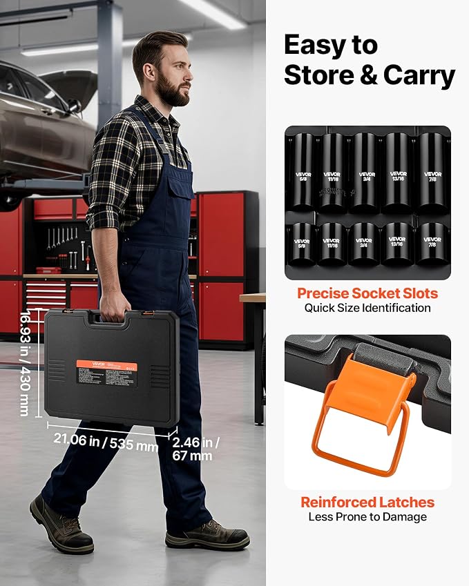 VEVOR 1/2" Drive Impact Socket Set, 65 Piece Socket Set SAE 3/8" to 1-1/4" and Metric 10-24mm, 6 Point Cr-V Alloy Steel for Auto Repair, Rugged Construction, Easy-to-Read Size Markings, Storage Case