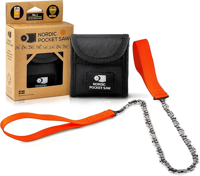 Nordic Pocket Saw 25.6 Inch Pocket Chainsaw with 33 Bi-Directional Teeth for Clearing Trails - Handy Backpacking Saw with Extra Large Nylon Handle Loops - for Survival and Emergency Situations