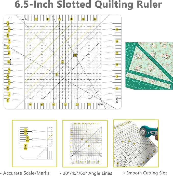 Quilting Kit with Quilting Ruler Holder, Rotary Cutter, Curved Corner Cutter Quilting Ruler, Slotted Quilting Ruler, Arcs Fans Quilt Circle Cutter Ruler, Non Slip Ruler Grip Rings, Heat Erasable Pens