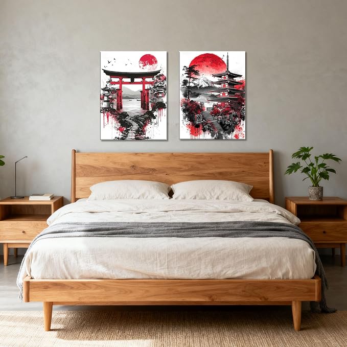 2Pcs Japanese Canvas Wall Art - Red Black Landscape Prints, Modern Minimalist Asian Oriental Decor, Ready to Hang,Framed